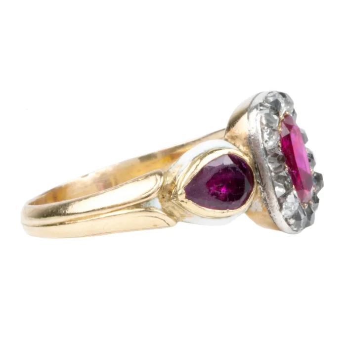 Rings Victorian Ruby and Diamond Cluster Ring Bell Bird Antiques