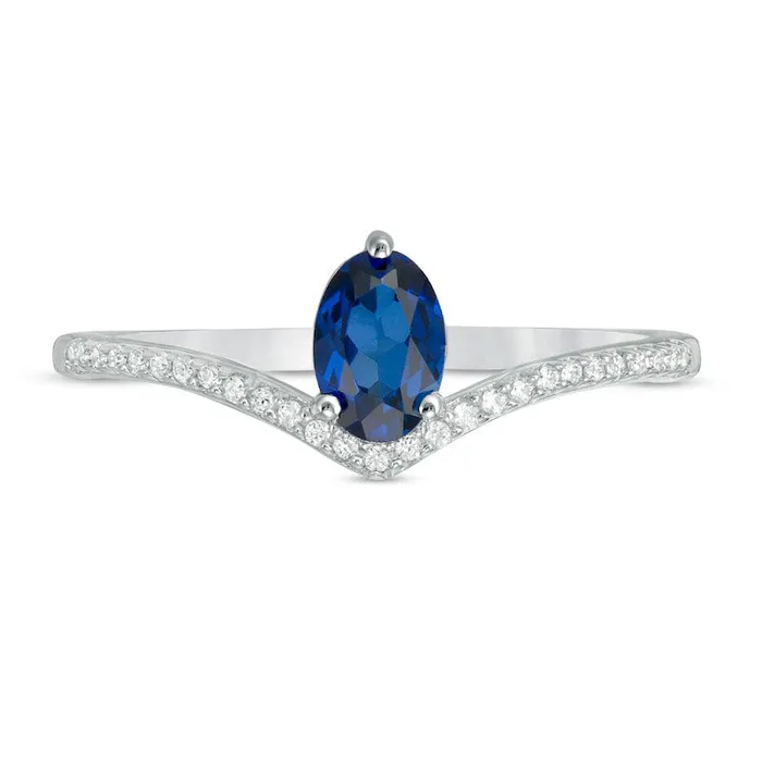 Goldia Rings Oval LabCreated Blue Sapphire and 010 CT TW Diamond Chevron Ring in Solid 10K White Gold Goldia Rings Oval LabCreated Blue Sapphire and 010 CT TW Diamond Chevron Ring in Solid 10K White Gold