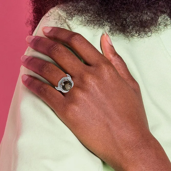 Goldia Rings Sterling Silver Rhodium CheckerCut Smoky Quartz Ring
