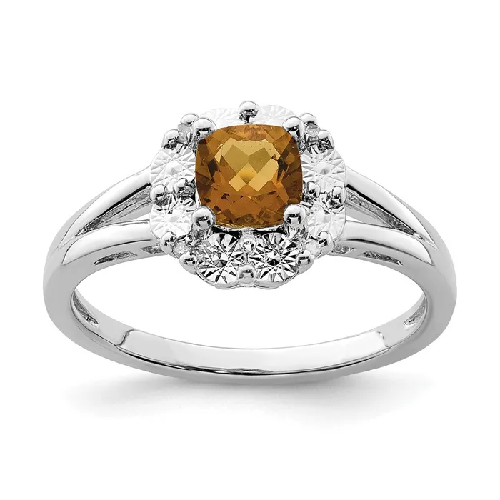 Goldia Rings Sterling Silver Rhodium Whiskey Quartz Diamond Ring