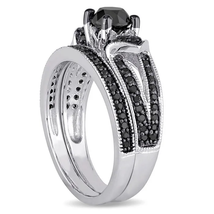 Rings 113 CT TW Enhanced Black Natural Diamond Collar Split Shank Bridal Engagement Ring Set in Sterling Silver Goldia Rings 113 CT TW Enhanced Black Natural Diamond Collar Split Shank Bridal Engagement Ring Set in Sterling Silver Goldia