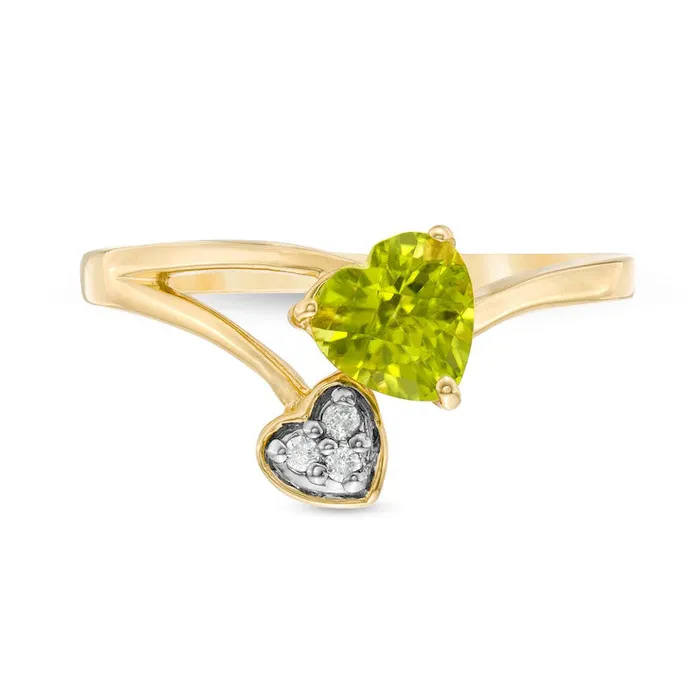 Rings 60mm HeartShaped Peridot and Natural Diamond Accent Double Heart Bypass Ring in Solid 10K Yellow Gold Goldia Rings 60mm HeartShaped Peridot and Natural Diamond Accent Double Heart Bypass Ring in Solid 10K Yellow Gold Goldia