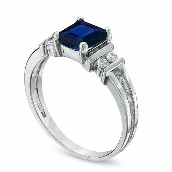 Rings Goldia EmeraldCut Blue Sapphire and 010 CT TW Natural Diamond Engagement Ring in Solid 14K White Gold