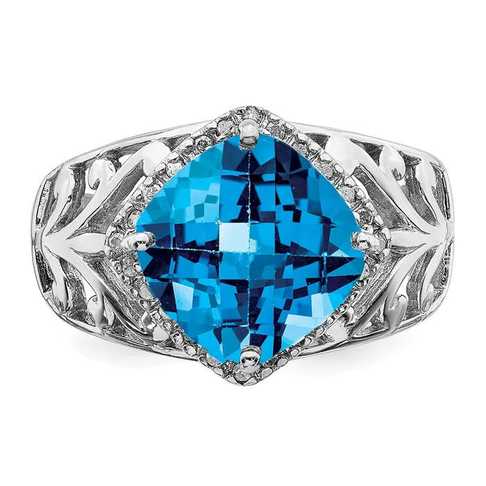 Rings Sterling Silver Rhodium CheckerCut Blue Topaz u0026 Diamond Ring Goldia