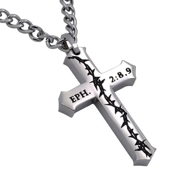 EPHESIANS 289 Crown Of Thorns Cross Necklace Stainless Steel Curb Chain North Arrow Shop Necklaces EPHESIANS 289 Crown Of Thorns Cross Necklace Stainless Steel Curb Chain North Arrow Shop Necklaces
