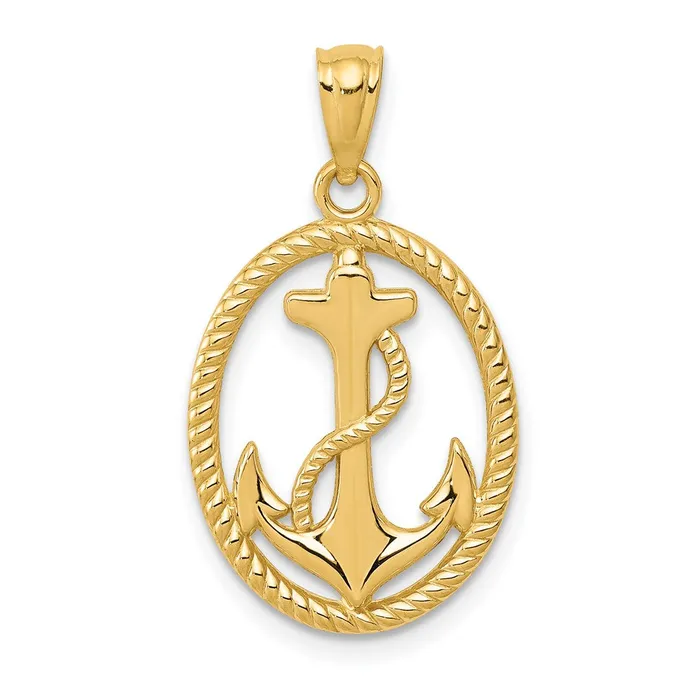 Necklaces TreasureFineJewelers 14k Gold Polished Anchor wRope Oval Pendant Necklaces TreasureFineJewelers 14k Gold Polished Anchor wRope Oval Pendant