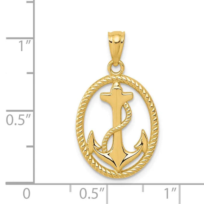 Necklaces TreasureFineJewelers 14k Gold Polished Anchor wRope Oval Pendant