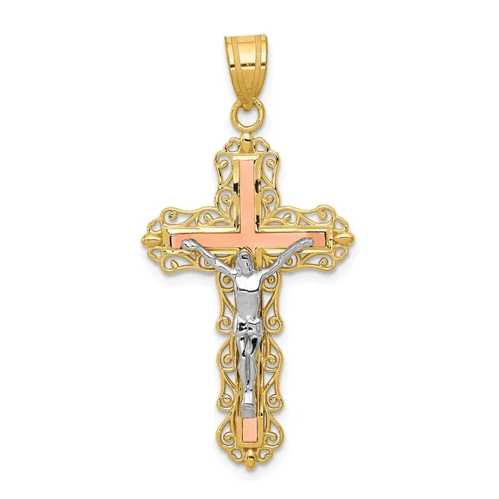TreasureFineJewelers 14K Tricolor Diamondcut Crucifix Pendant Necklaces