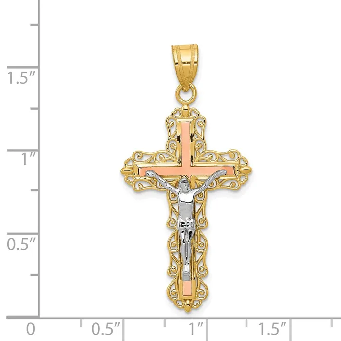 TreasureFineJewelers 14K Tricolor Diamondcut Crucifix Pendant Necklaces