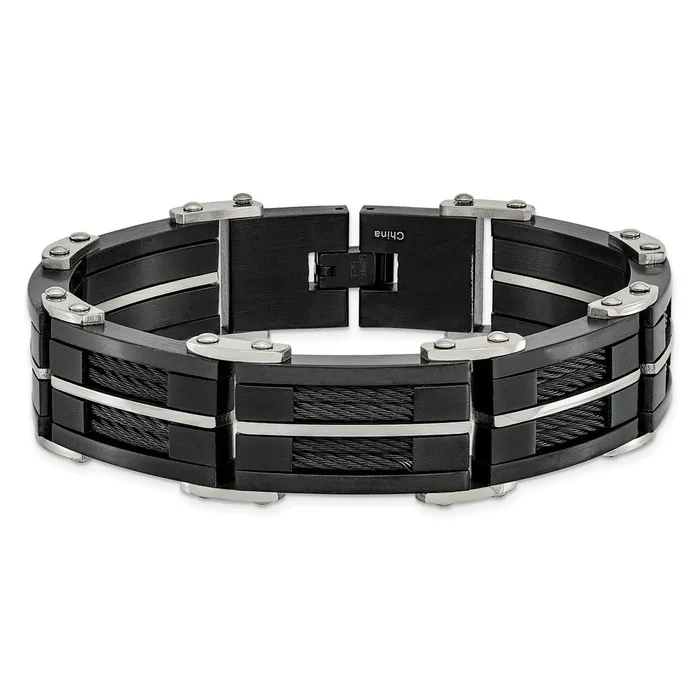 TreasureFineJewelers Chisel Stainless Steel Brushed and Polished Black IPplated with Cable Inlay 875 inch Link Bracelet Bracelets