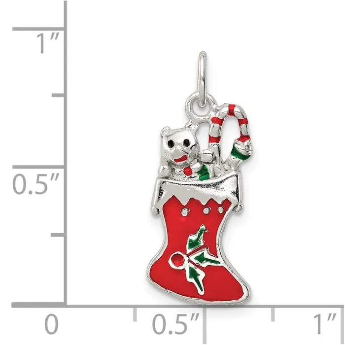 TreasureFineJewelers Necklaces Sterling Silver Polished Enamel Christmas Stocking Pendant
