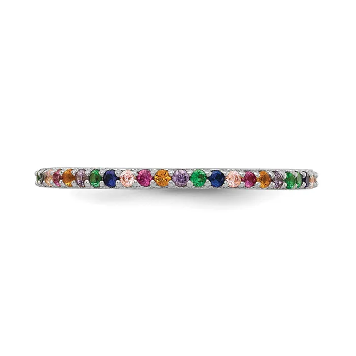 TreasureFineJewelers Rings Prizma Sterling Silver Rhodiumplated Colorful CZ Thin Band Ring