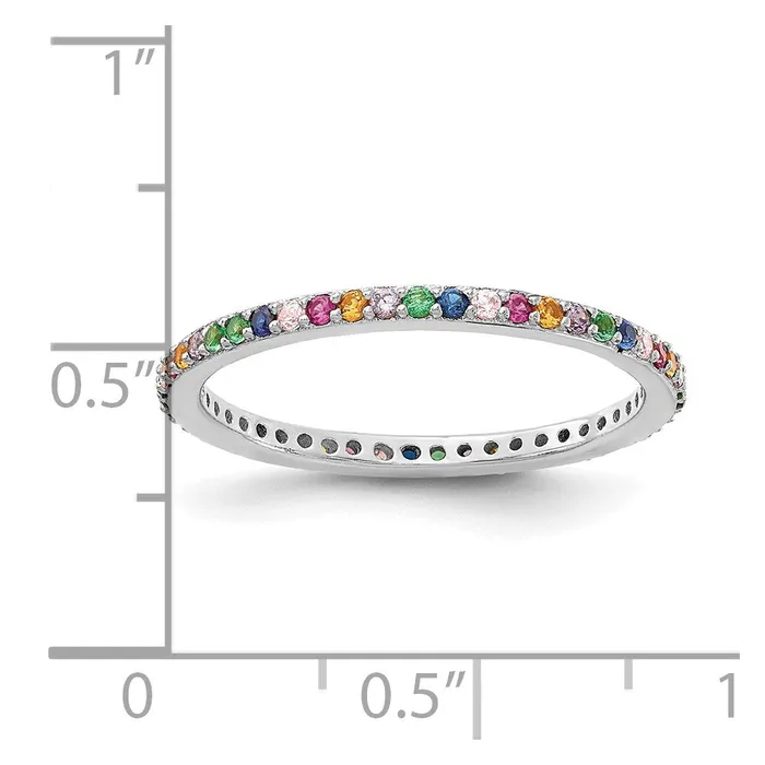 TreasureFineJewelers Rings Prizma Sterling Silver Rhodiumplated Colorful CZ Thin Band Ring