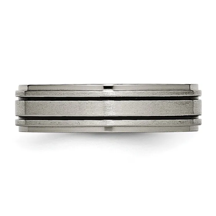 TreasureFineJewelers Rings Titanium Brushed Center Black Enamel 6mm Ridged Edge Band