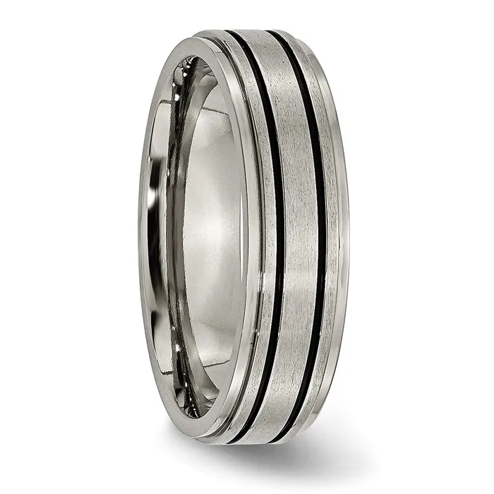 TreasureFineJewelers Rings Titanium Brushed Center Black Enamel 6mm Ridged Edge Band
