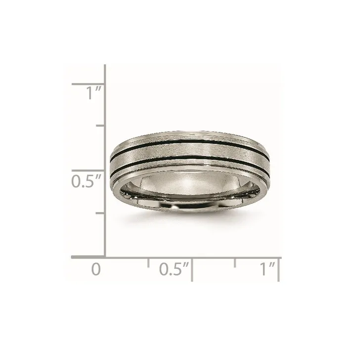 TreasureFineJewelers Rings Titanium Brushed Center Black Enamel 6mm Ridged Edge Band
