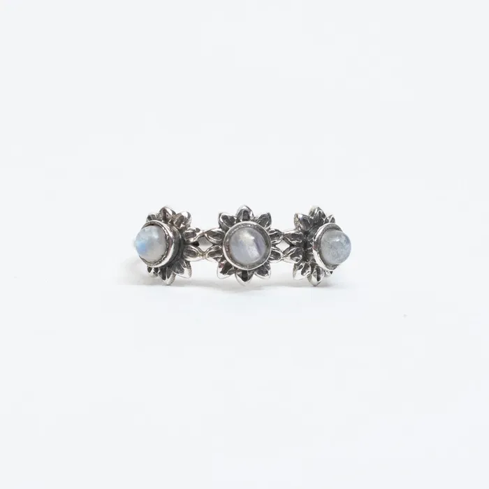 Silver Lotus Rings Silver Three Flower Band with Moonstone